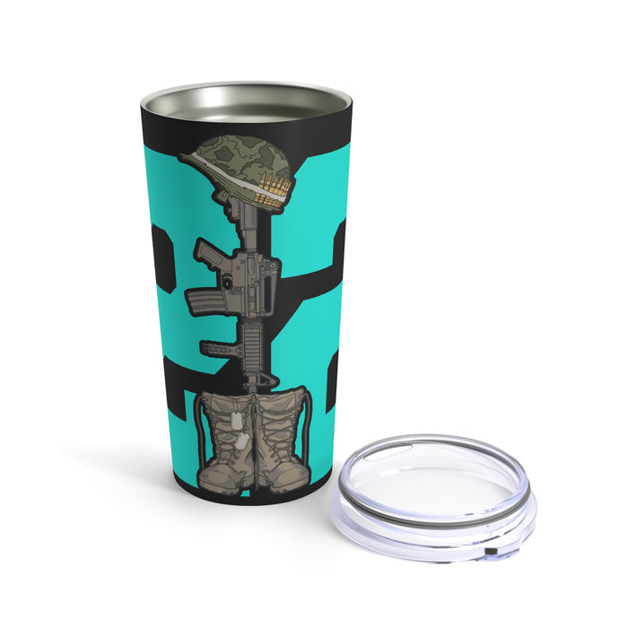 20oz Tumbler - '22 Too Many' PTSD Awareness: Striking Green Design on Black Background