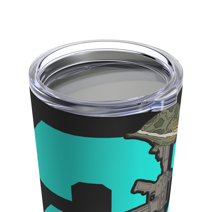 20oz Tumbler - '22 Too Many' PTSD Awareness: Striking Green Design on Black Background