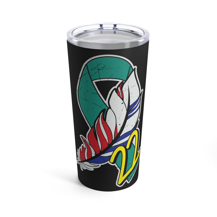 20oz Tumbler - '22 Veteran' PTSD Awareness: Striking Green Design on Black Background
