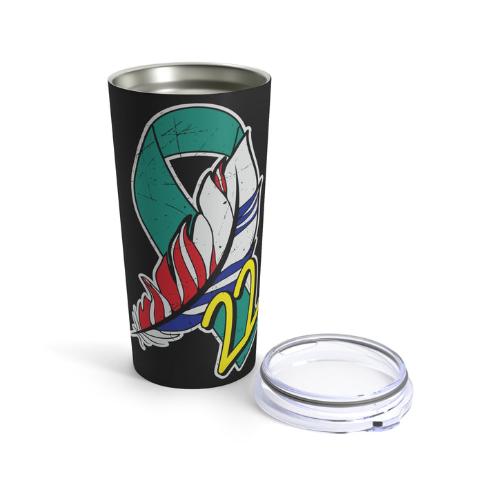 20oz Tumbler - '22 Veteran' PTSD Awareness: Striking Green Design on Black Background