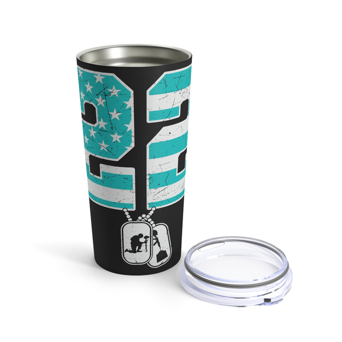 20oz Tumbler - PTSD Awareness, '22 A Day' Soldier Veteran Design on Black Background with Striking Blue Graphics