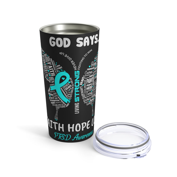 20oz Tumbler: Black Butterfly of Faith, Hope, & Love - Green PTSD Awareness Design