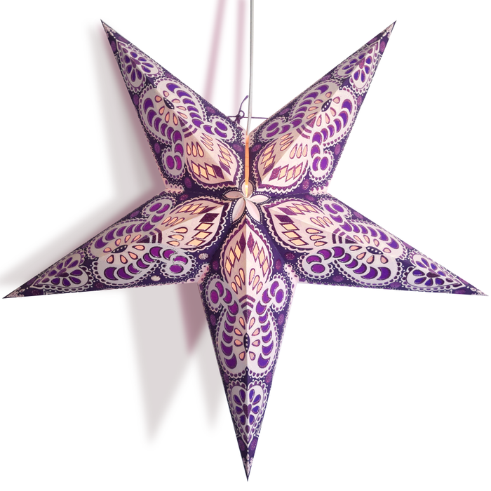 24" Purple Pink Peacock Glitter Paper Star Lantern, Hanging