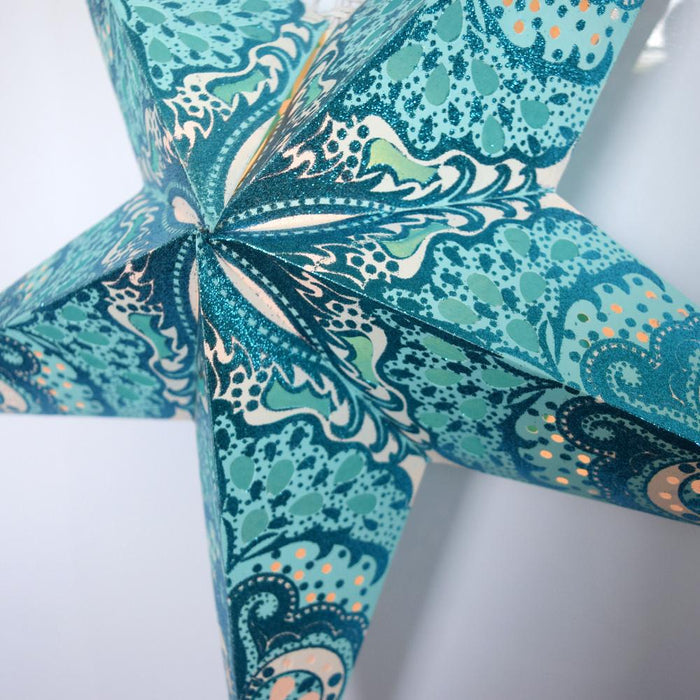 24" Turquoise Blue Rain Glitter Paper Star Lantern, Chinese Hanging Wedding & Party Decoration