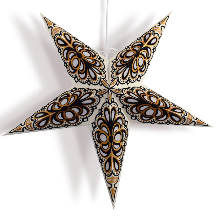 24" White and Black Merry Gold Paper Star Lantern, Hanging Wedding & Party Decoration