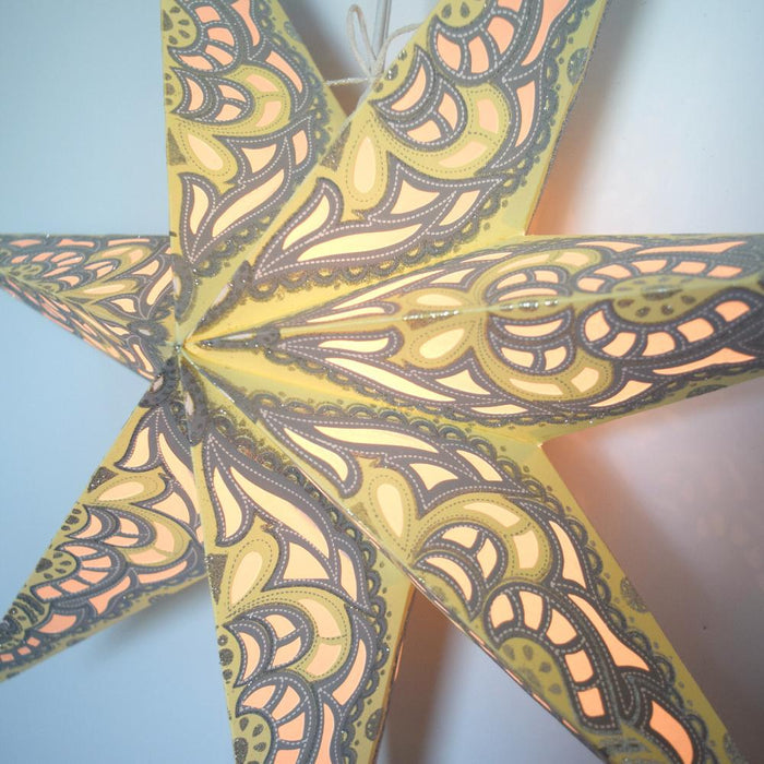 24" Yellow Cream Babylon Glitter 7-Point Paper Star Lantern, Hanging Wedding & Party Decoration
