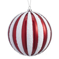 4.75" Striped & Snowed Ball Ornament - Red & White