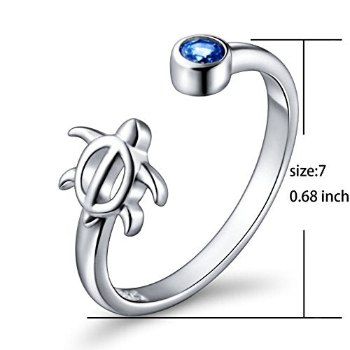 925 Sterling Silver Sea Turtle with Cubic Zirconia Adjustable Ring