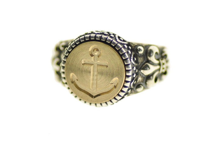 Anchor Fleur De Lis Signet Ring - Backtozero B20 - 12f, 12mm, 12mm ring, accessory, Anchor, Fleur de Lis, him, jewelry, Nautical, ring, signet ring, size 10, size 11, size 8, size 9, wax seal, wax seal ring, wax seal stamp