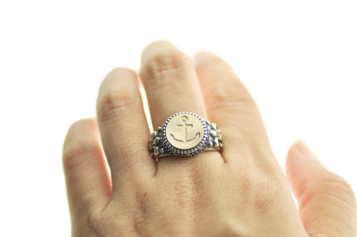 Anchor Fleur De Lis Signet Ring - Backtozero B20 - 12f, 12mm, 12mm ring, accessory, Anchor, Fleur de Lis, him, jewelry, Nautical, ring, signet ring, size 10, size 11, size 8, size 9, wax seal, wax seal ring, wax seal stamp