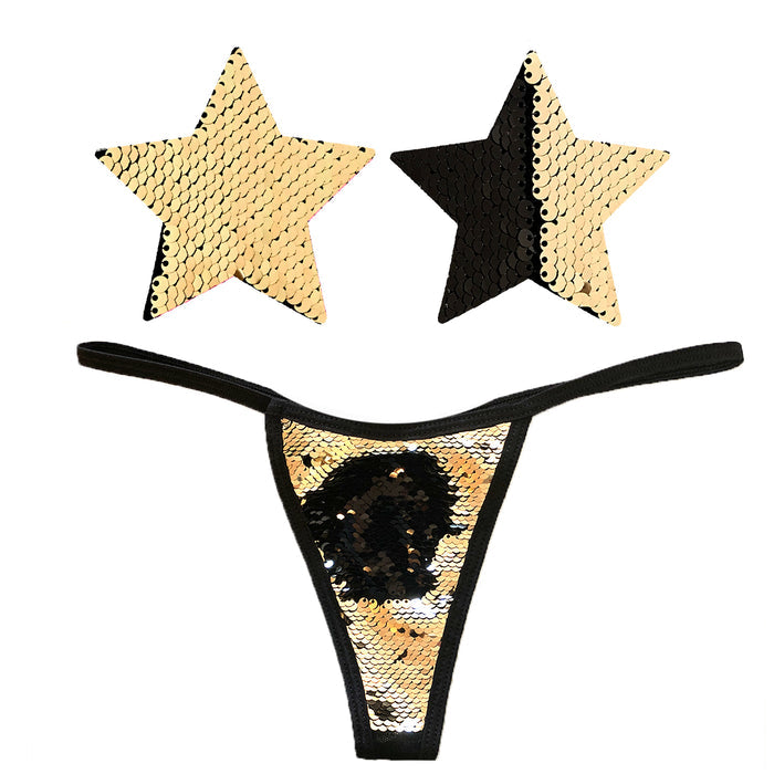 Athena Gold Black Sequin G String Naughty Knix with Pasties Set