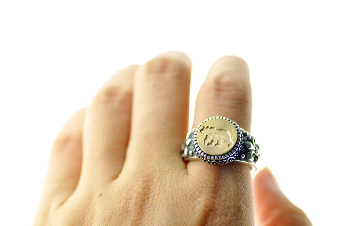 Bear Signet Ring - Backtozero B20 - 12f, 12mm, 12mm ring, accessory, Animal, Bear, Fleur de Lis, Grizzly Bear, him, jewelry, ring, signet ring, size 10, size 11, size 8, size 9, wax seal, wax seal ring, wax seal stamp
