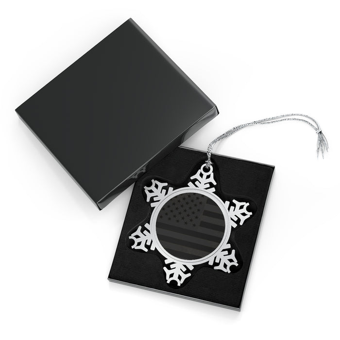 Black American Flag Pewter Snowflake Christmas Ornament-.