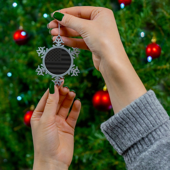 Black American Flag Pewter Snowflake Christmas Ornament-.