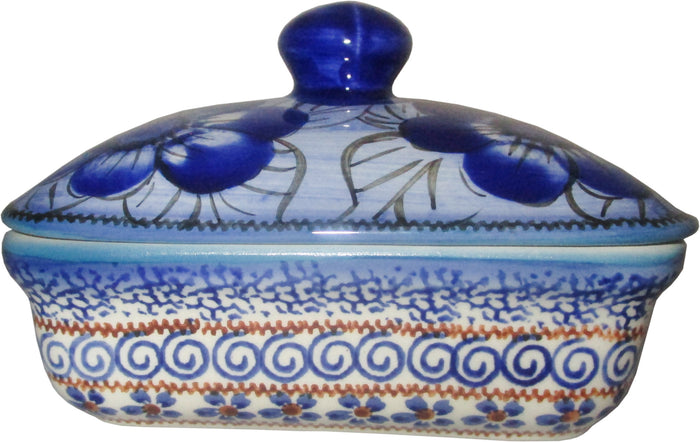 Boleslawiec Polish Pottery UNIKAT Butter Dish, Serving or Storage Box "Blue Garden"