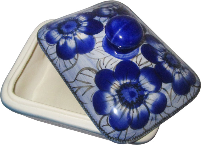 Boleslawiec Polish Pottery UNIKAT Butter Dish, Serving or Storage Box "Blue Garden"