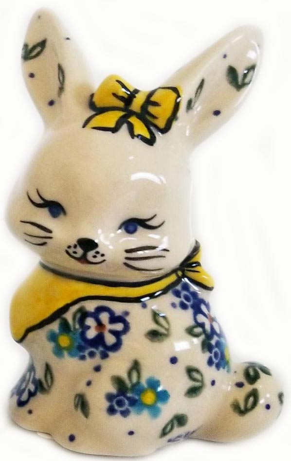 Boleslawiec Polish Pottery UNIKAT Easter Bunny Decoration 2 with Yellow Bow
