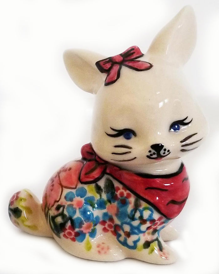 Boleslawiec Polish Pottery UNIKAT Easter Bunny Decoration 3 with Red Bow