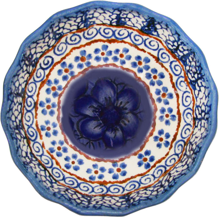 Boleslawiec Polish Pottery UNIKAT Ice Cream Scalloped Bowl "Blue Garden"
