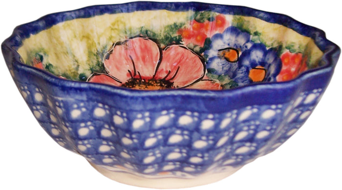 Boleslawiec Polish Pottery UNIKAT Ice Cream Scalloped Bowl "Flower Field"