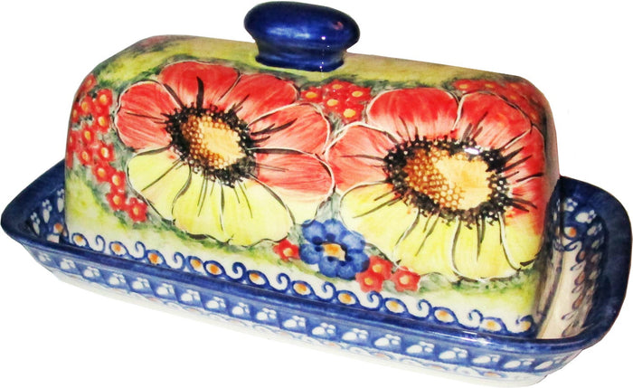 Boleslawiec Polish Pottery UNIKAT One Stick Butter Dish American Style "Flower Field"