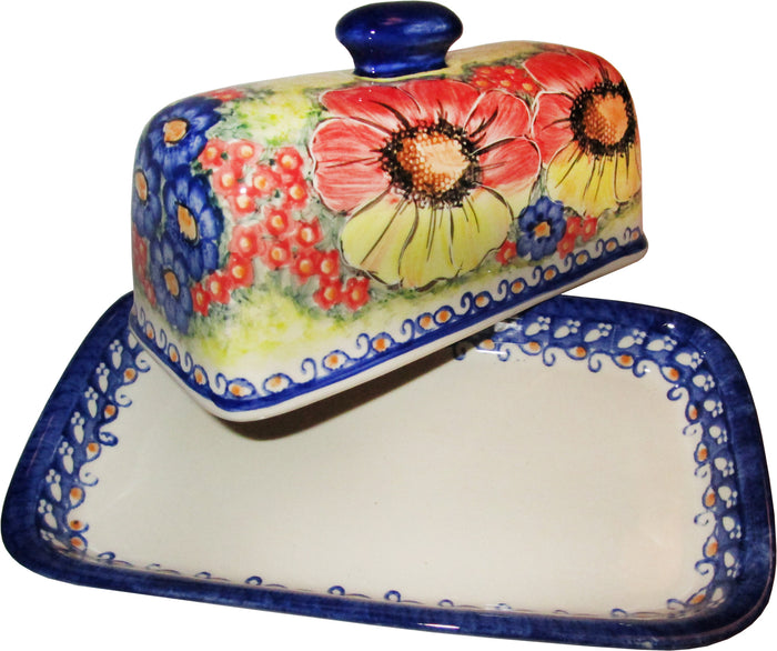 Boleslawiec Polish Pottery UNIKAT One Stick Butter Dish American Style "Flower Field"