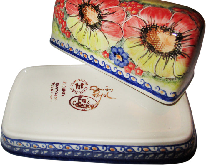 Boleslawiec Polish Pottery UNIKAT One Stick Butter Dish American Style "Flower Field"