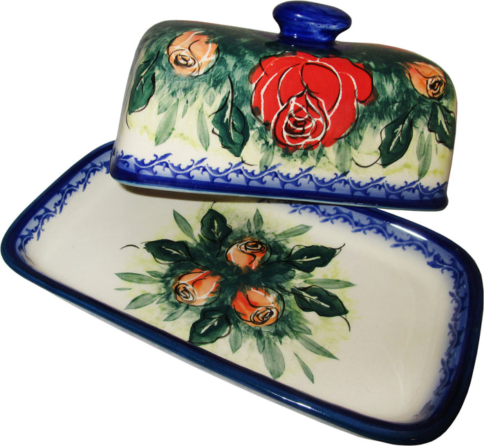 Boleslawiec Polish Pottery UNIKAT One Stick Butter Dish American Style "Rose Garden"