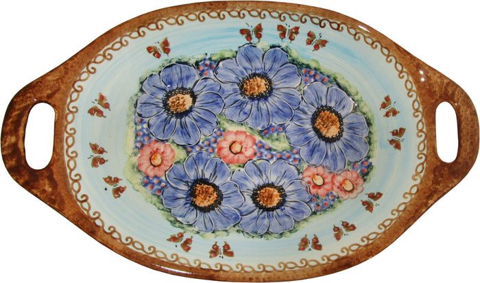 Boleslawiec Polish Pottery UNIKAT Serving or Baking Dish with Handles "Blue Sky Meadow"