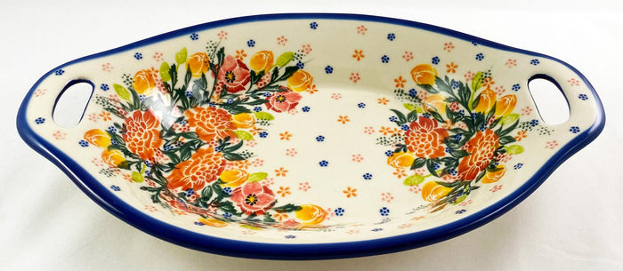 Boleslawiec Polish Pottery UNIKAT Serving or Baking Dish with Handles "Garden Romance"