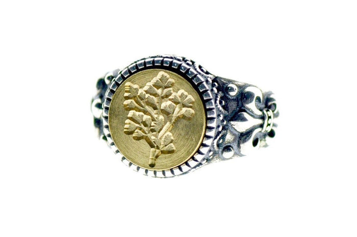 Botanical Signet Ring - Backtozero B20 - 12f, 12mm, 12mm ring, accessory, Botanical, Fleur de Lis, him, jewelry, Leaf, Leafs, Plant, ring, signet ring, size 10, size 11, size 8, size 9, wax seal, wax seal ring, wax seal stamp