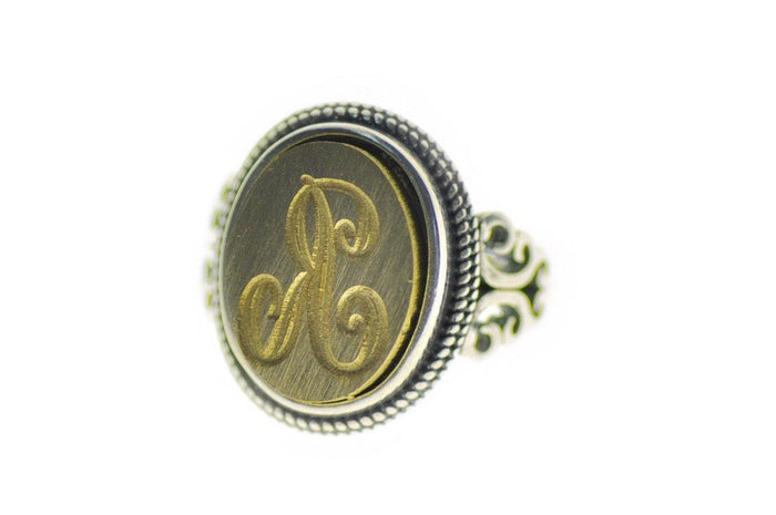 Calligraphy Initial Signet Ring - Backtozero B20 - 1 initial, 1216f, 12x16mm, 12x16mm ring, 1initial, accessory, bespoke, Custom, her, him, Initial, jewelry, Letter, One Initial, oval, oval ring, ring, signet ring, size 10, size 11, size 6, size 7, size 8, size 9, wax seal, wax seal stamp