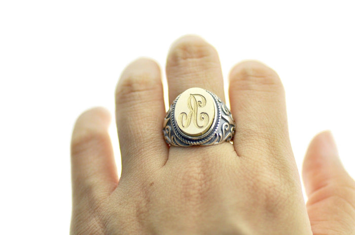 Calligraphy Initial Signet Ring - Backtozero B20 - 1 initial, 1216fleur, 12x16mm, 12x16mm ring, 1initial, accessory, bespoke, Custom, him, Initial, jewelry, Letter, One Initial, oval, oval ring, ring, signet ring, size 10, size 11, size 6, size 7, size 8, size 9, wax seal, wax seal stamp