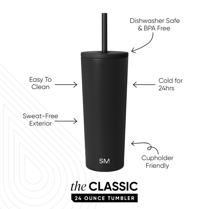 Matte black 24-ounce Classic tumbler by Simple Modern with black lid and straw on white background. Features labeled: dishwasher safe and BPA free, keeps drinks cold 24 hours, easy to clean, sweat-free exterior, and