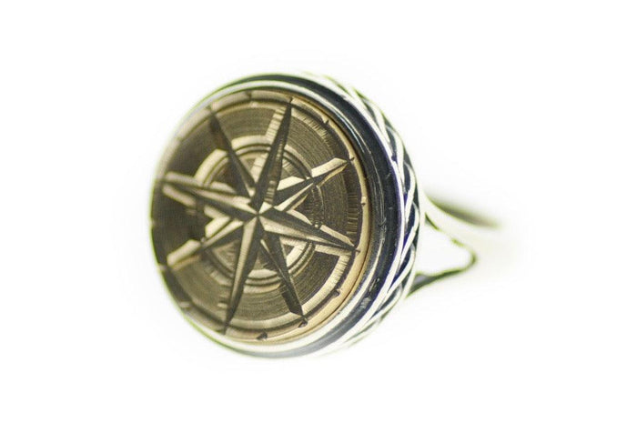 Compass Signet Ring - Backtozero B20 - 15c, 15mm, 15mm ring, accessory, Compass, her, jewelry, ring, signet ring, size 10, size 5, size 6, size 7, size 8, size 9, wax seal, wax seal stamp