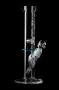 Clear glass water pipe (bong) with intricate percolator design, isolated on black.