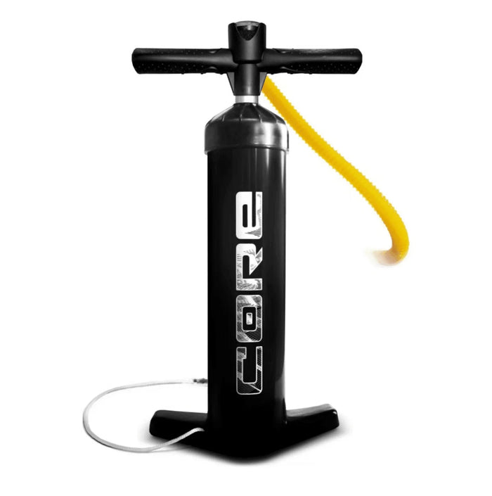 CORE Kite Pump 2L black manual pump with yellow hose, upright on white background