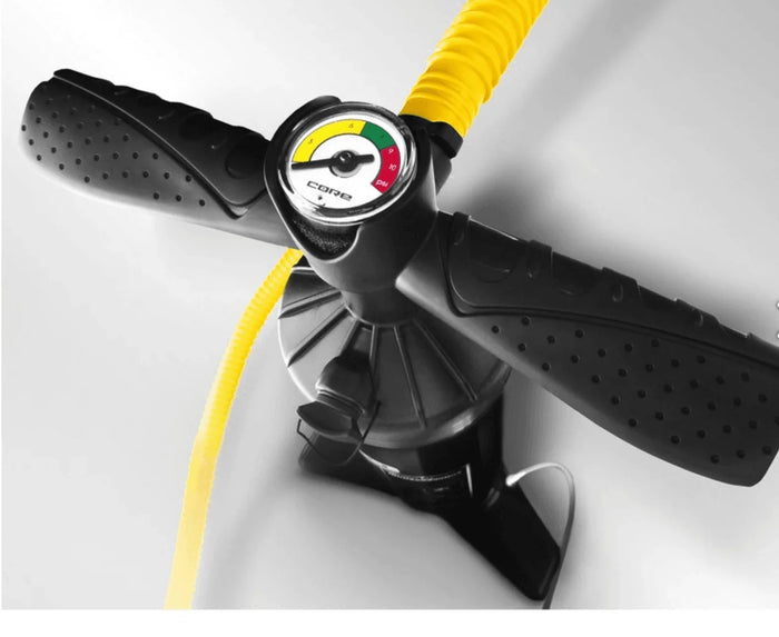 Core Kite Pump 2L with dual grip handles, pressure gauge, and yellow hose
