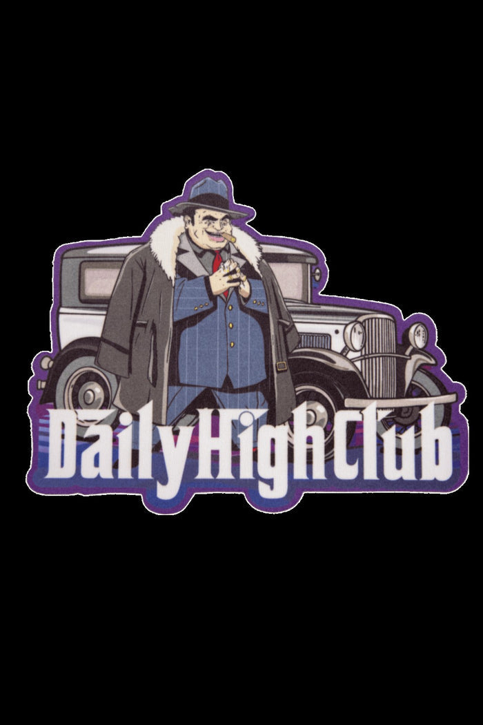 Cartoon logo for “Daily High Club” featuring a vintage car and a man in a fedora, implying a retro cannabis culture aesthetic.