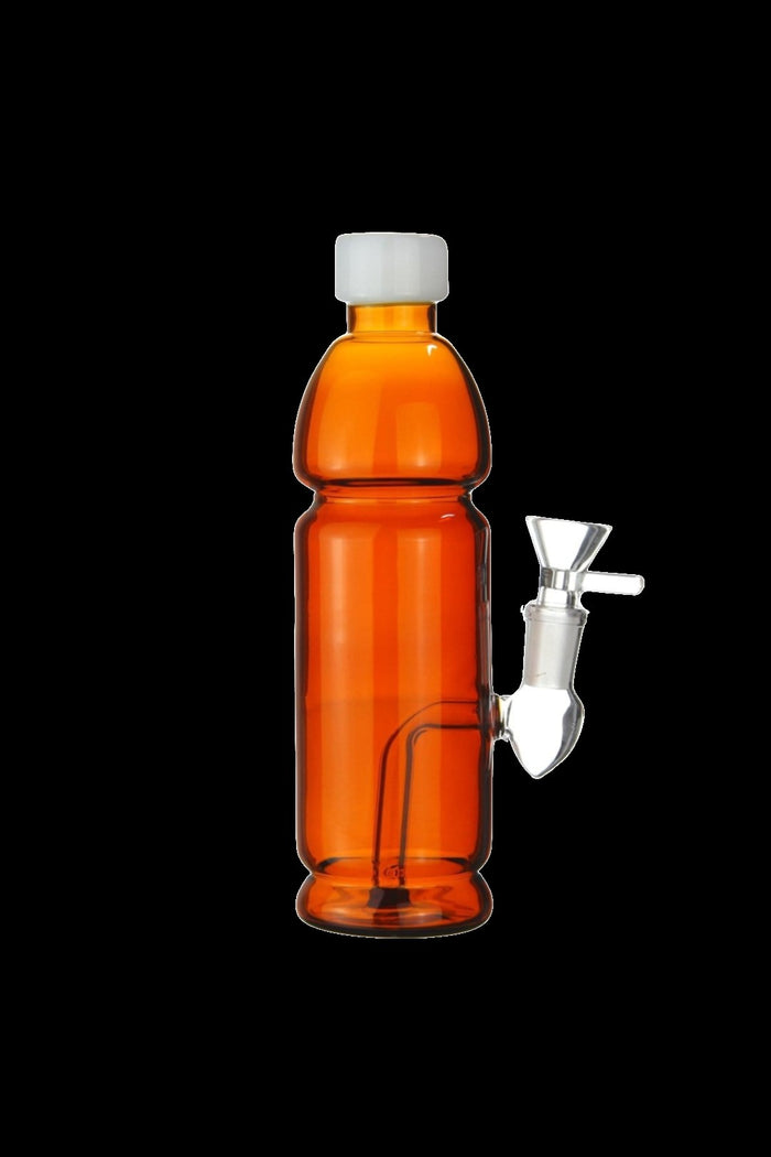 Amber glass water pipe resembling a sauce bottle with a glass bowl attachment.