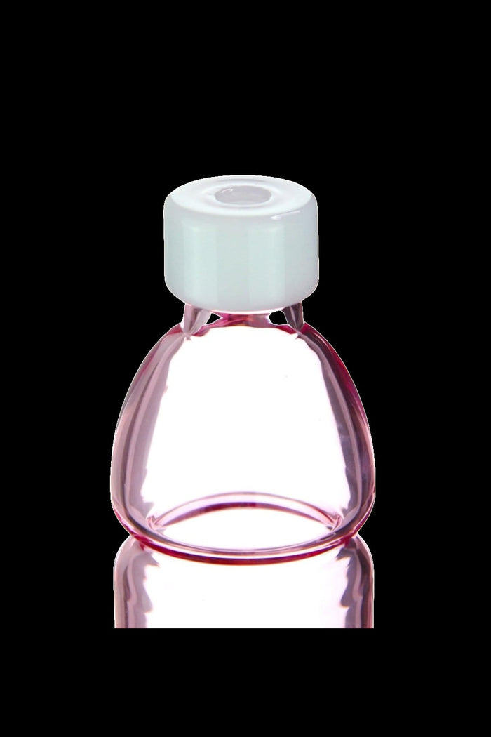 Pink glass concentrate container with white lid.