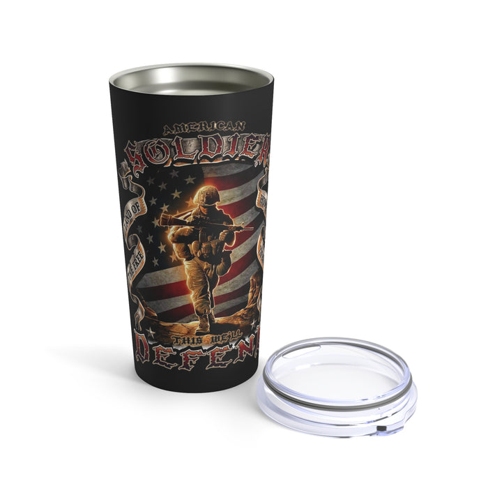 Defending Freedom: 20oz Black Tumbler with Military Design - 'American Soldier Land Of The Free
