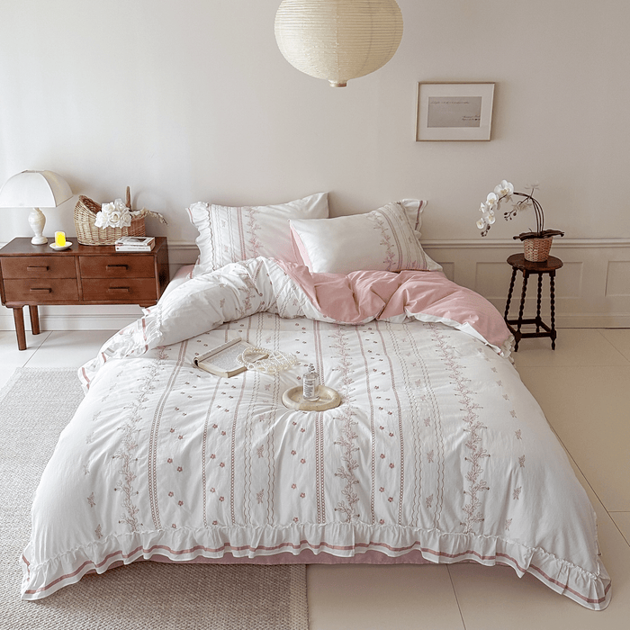 Embroidered French Lace Ruffle Bedding Set / Pink - Ever Lasting