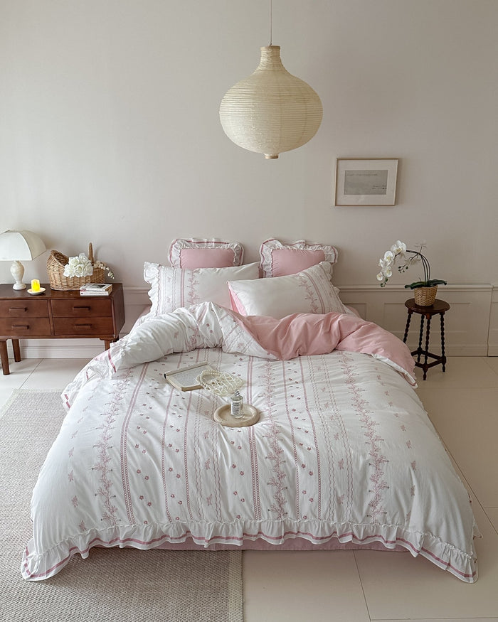 Embroidered French Lace Ruffle Bedding Set / Pink - Ever Lasting