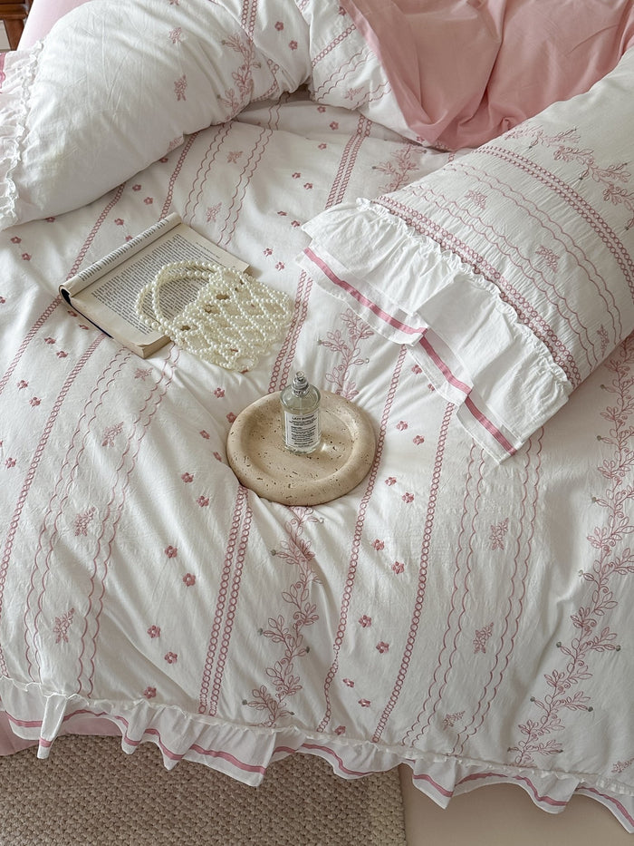 Embroidered French Lace Ruffle Bedding Set / Pink - Ever Lasting