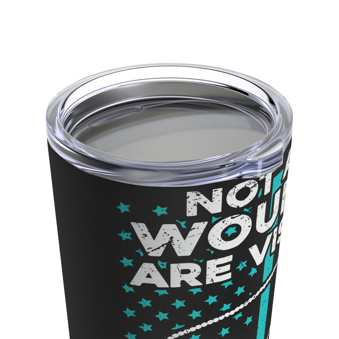 Empowering Support: 20oz Tumbler with Black Background, 'PTSD Wear Teal' Design, and a Tribute to the Troops
