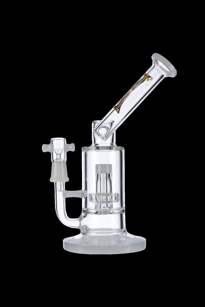Clear glass bubbler water pipe with intricate percolator.