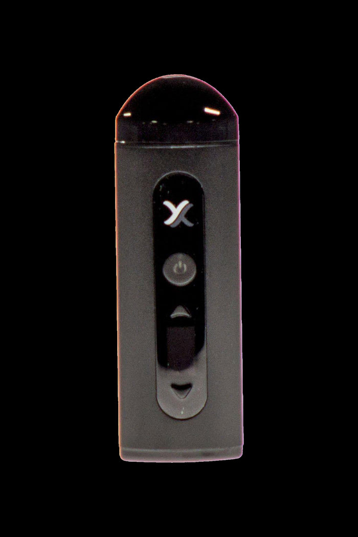 Black XMAX V3 Pro portable cannabis vaporizer with illuminated control buttons, isolated on a black background.