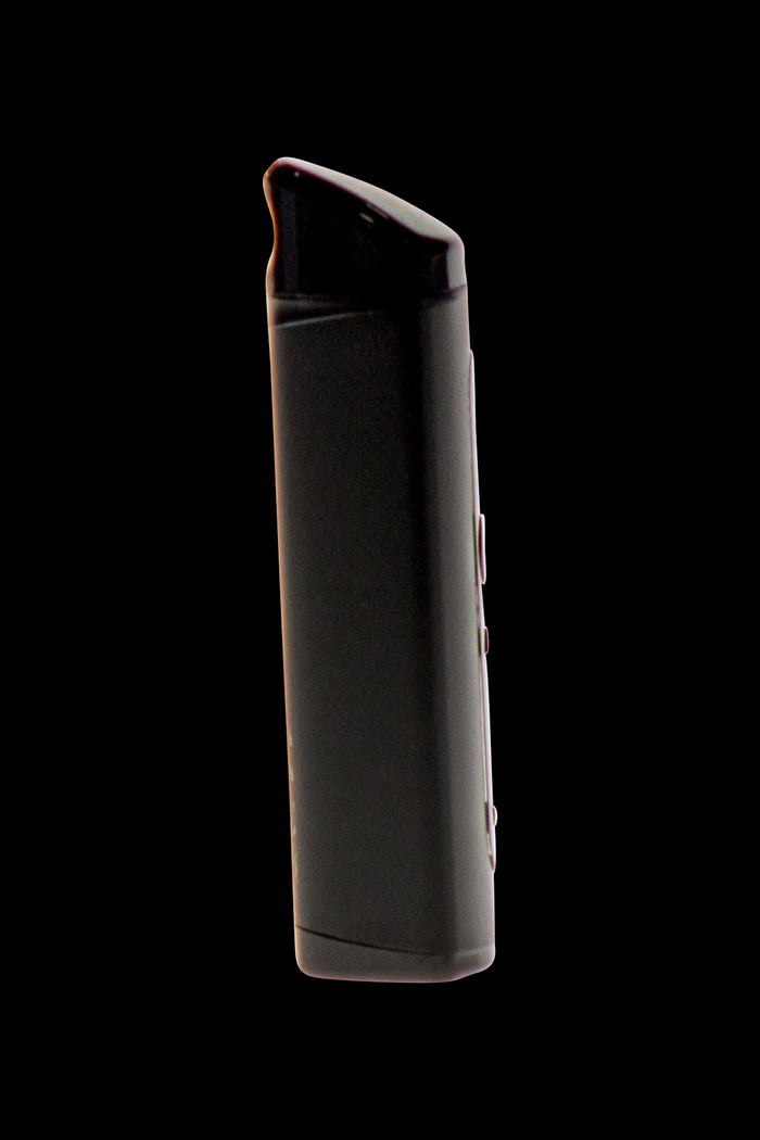 Sleek, black cannabis vaporizer pen isolated on a black background.