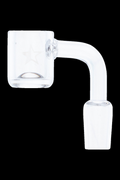 Close-up side view of a clear glass Famous X Replacement Banger with a 90-degree bent neck and subtle star etching on the bucket.